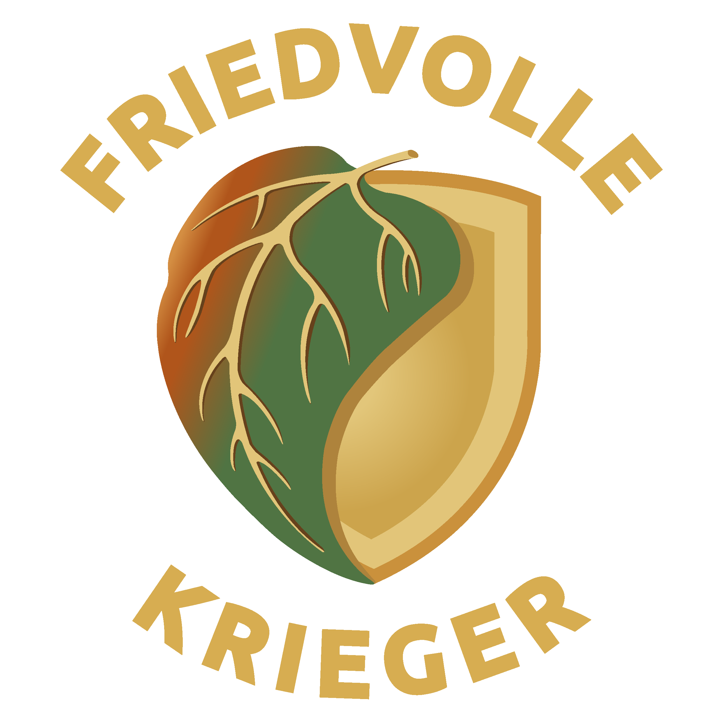 Logo Friedvolle Krieger, Efeublatt vor goldenem Schild