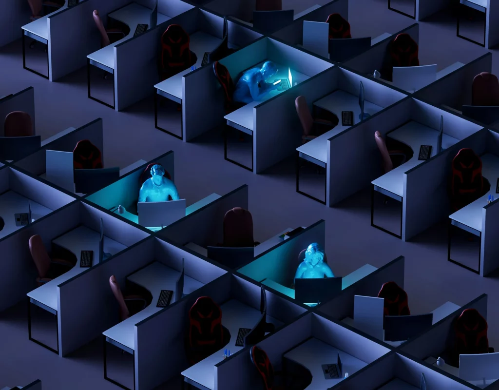 Menschen sitzen überarbeitet in Büro-Parzellen